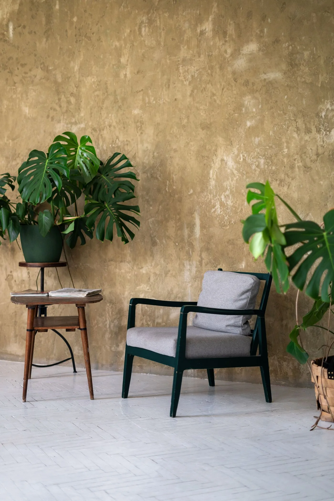 A quiet armchair surrounded by leafy indoor plants