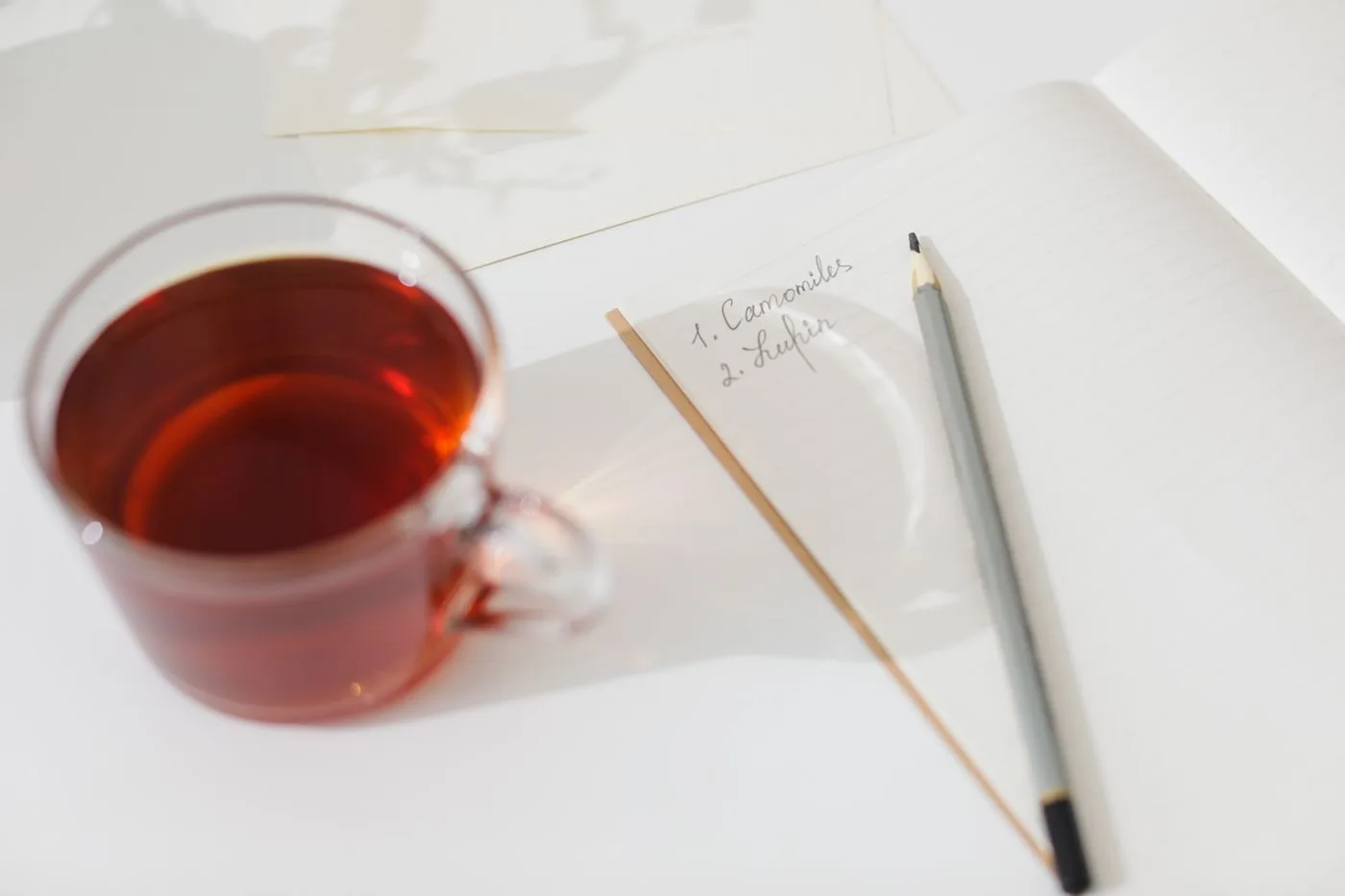 A glass of tea, an open notebook and a pencil on a pale tabletop