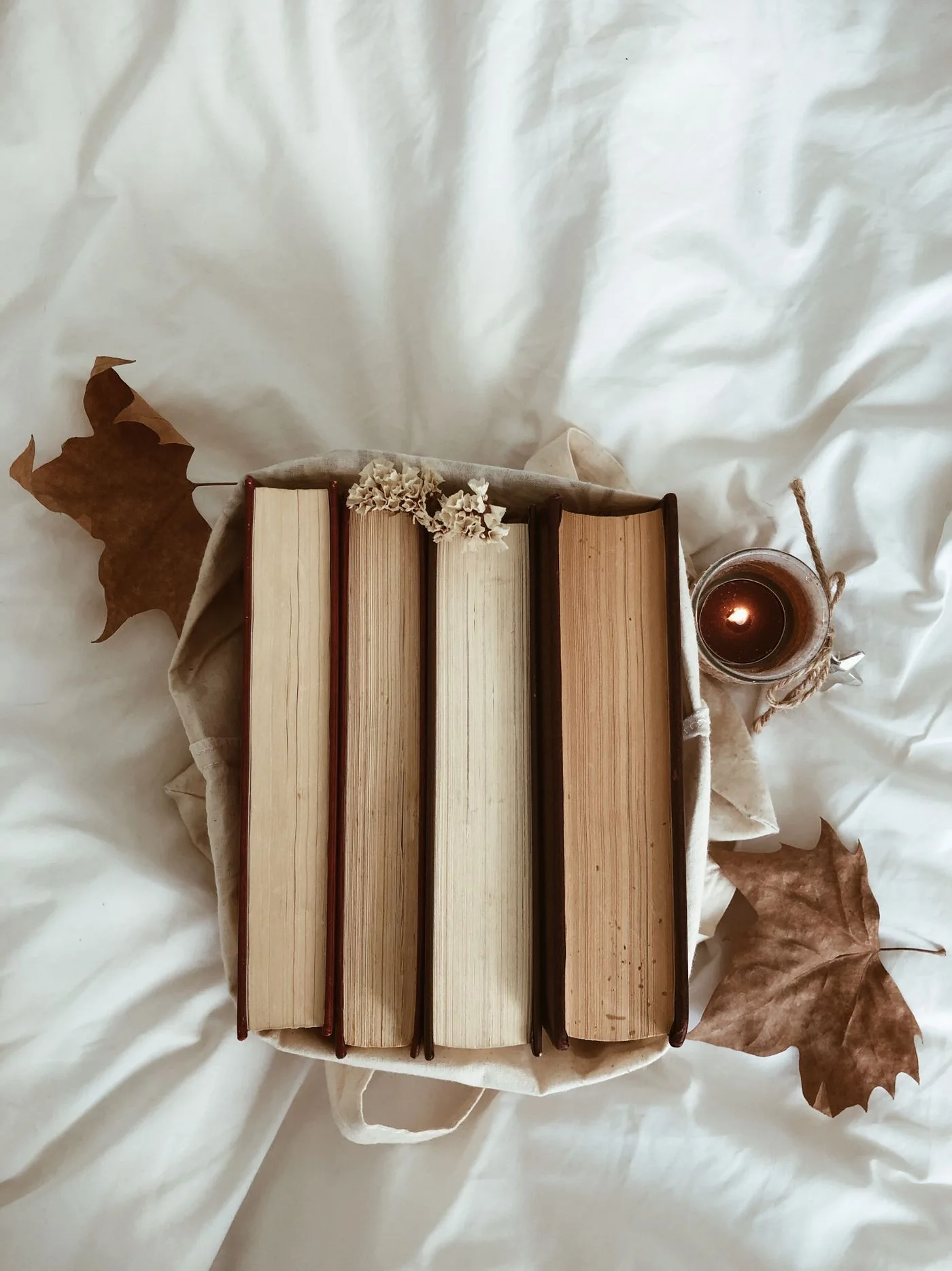 Books, fallen leaves and candlelight on pale bedding